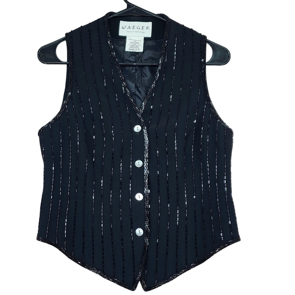 Vtg Jaeger Beaded Vest sz‎ 6 Women Black Striped Evening Formal Waistcoat READ